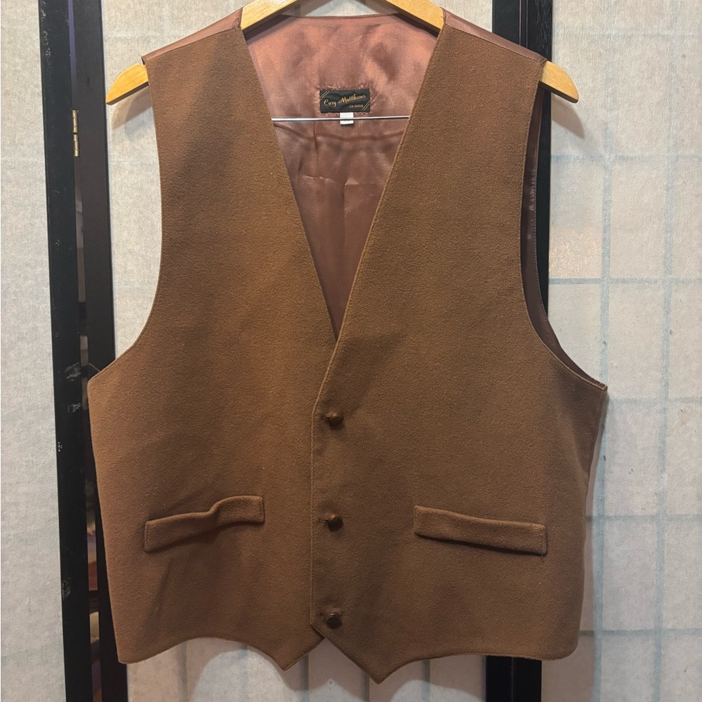 CORY MATTHEWS Vintage Wool Cashmere Blend Satin Back Button-Up Vest w/Buckle